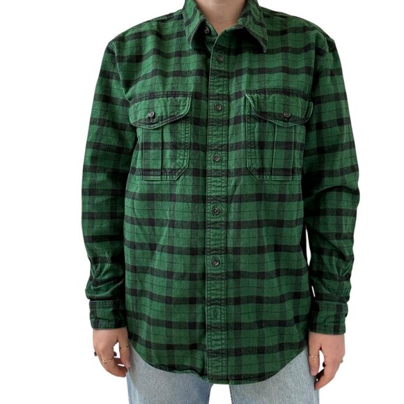 CC Filson Mens Green Black Checkered Plaid Cotton Flannel Lumberjack Button Down - Picture 1 of 6